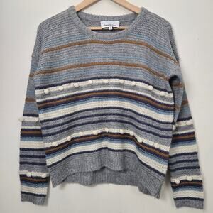 Heartloom Wool Mohair Pom Pom Knit Sweater Size XS Gray Striped Casual Boho Fall